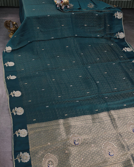 Banarasi silk saree peacock blue with allover zari woven brocade weaves and embroidery pallu & zari woven butta border