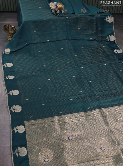 Banarasi silk saree peacock blue with allover zari woven brocade weaves and embroidery pallu & zari woven butta border