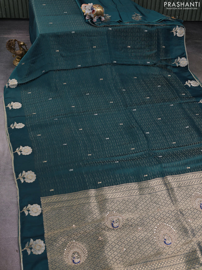Banarasi silk saree peacock blue with allover zari woven brocade weaves and embroidery pallu & zari woven butta border