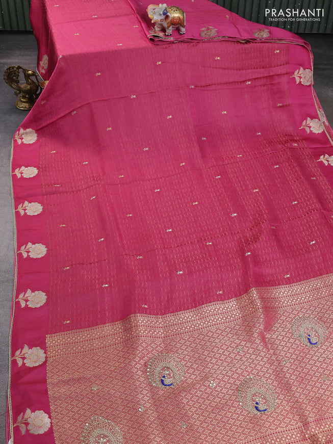 Banarasi silk saree onion pink with allover zari woven brocade weaves and embroidery pallu & zari woven butta border
