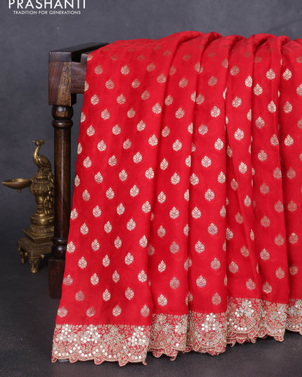 Banarasi silk saree red with allover zari woven buttas and mirror work embroidery border