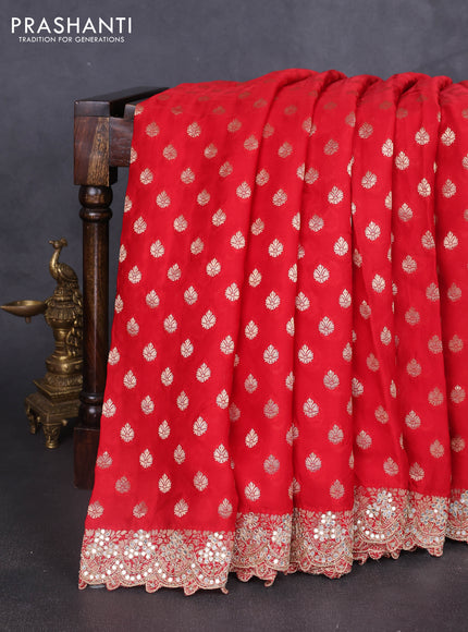 Banarasi silk saree red with allover zari woven buttas and mirror work embroidery border