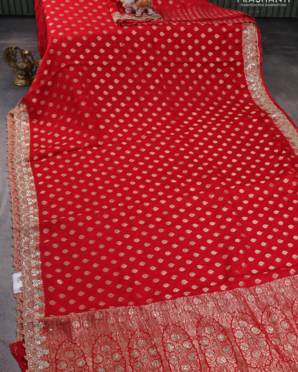 Banarasi silk saree red with allover zari woven buttas and mirror work embroidery border