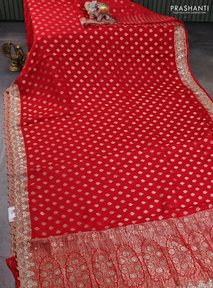 Banarasi silk saree red with allover zari woven buttas and mirror work embroidery border