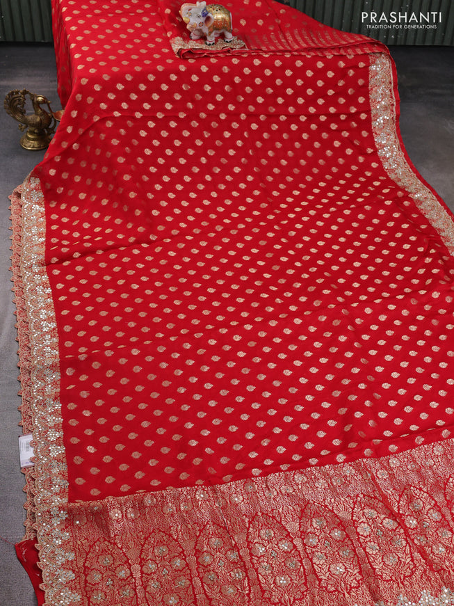 Banarasi silk saree red with allover zari woven buttas and mirror work embroidery border