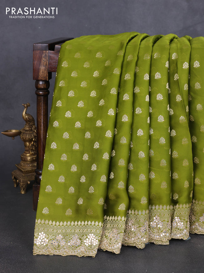 Banarasi silk saree mehendi green with allover zari woven buttas and mirror work embroidery border