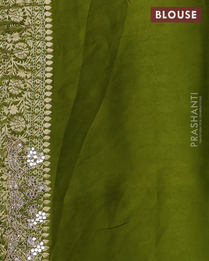 Banarasi silk saree mehendi green with allover zari woven buttas and mirror work embroidery border