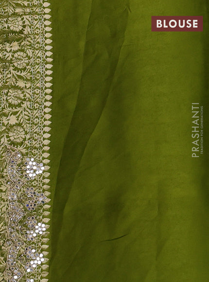 Banarasi silk saree mehendi green with allover zari woven buttas and mirror work embroidery border
