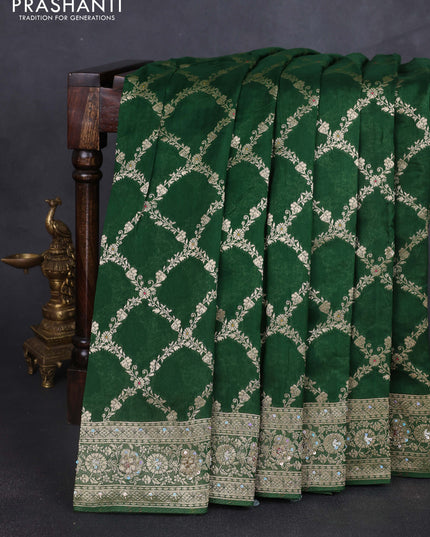 Banarasi silk saree bottle green with allover zari weaves and sequin work & zari border