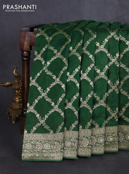 Banarasi silk saree bottle green with allover zari weaves and sequin work & zari border