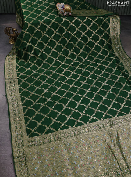 Banarasi silk saree bottle green with allover zari weaves and sequin work & zari border
