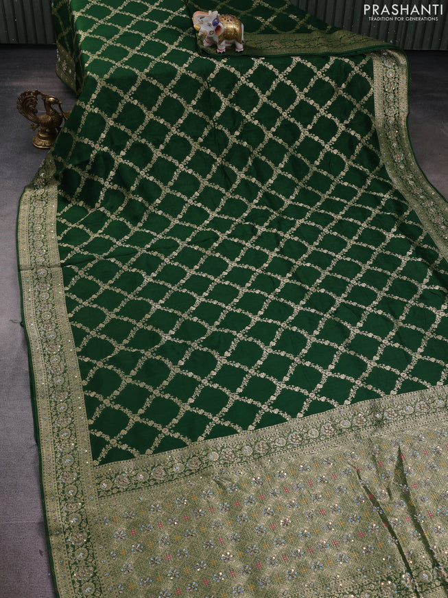 Banarasi silk saree bottle green with allover zari weaves and sequin work & zari border