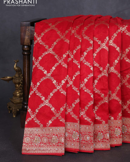 Banarasi silk saree red with allover zari weaves and sequin work & zari border