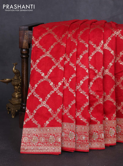 Banarasi silk saree red with allover zari weaves and sequin work & zari border