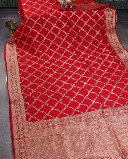 Banarasi silk saree red with allover zari weaves and sequin work & zari border