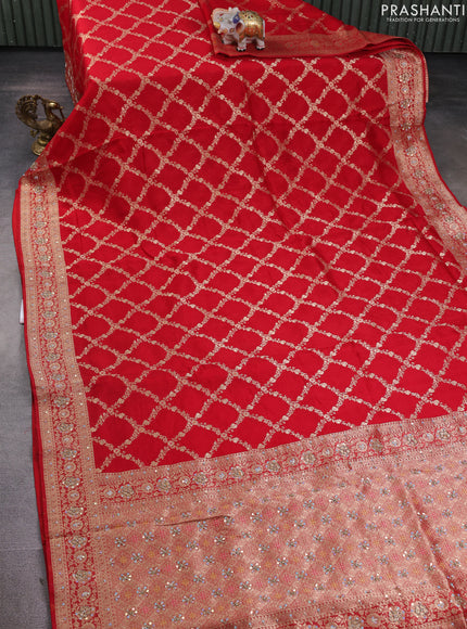 Banarasi silk saree red with allover zari weaves and sequin work & zari border