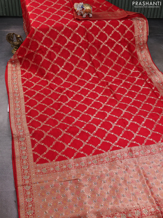 Banarasi silk saree red with allover zari weaves and sequin work & zari border