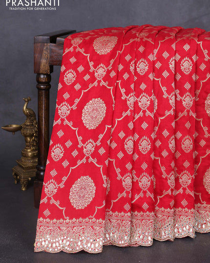 Banarasi silk saree red with allover zari weaves and mirror gotapatti embroidery border