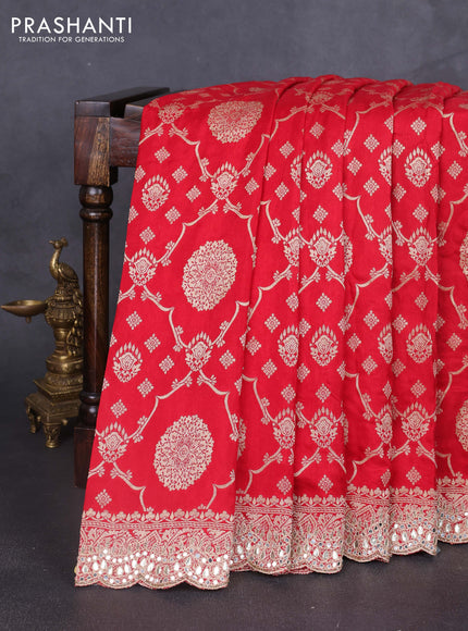 Banarasi silk saree red with allover zari weaves and mirror gotapatti embroidery border