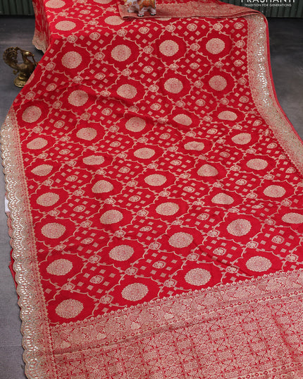 Banarasi silk saree red with allover zari weaves and mirror gotapatti embroidery border