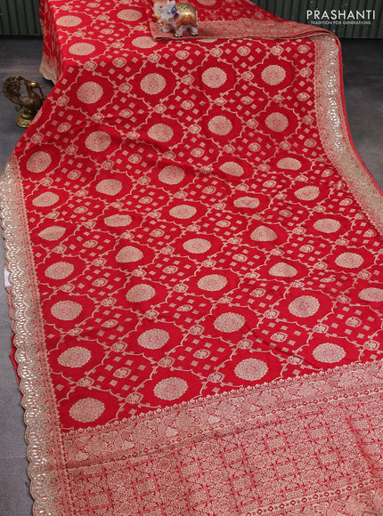 Banarasi silk saree red with allover zari weaves and mirror gotapatti embroidery border