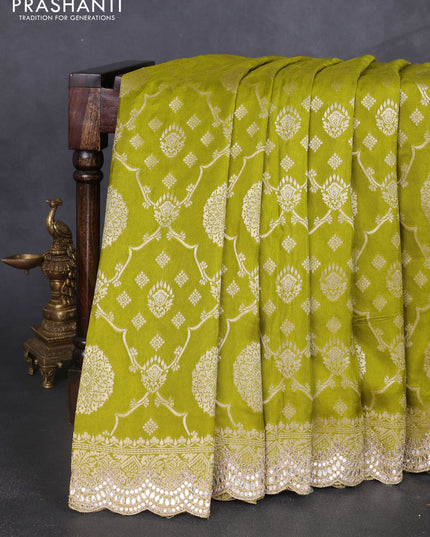 Banarasi silk saree mehendi green with allover zari weaves and mirror gotapatti embroidery border