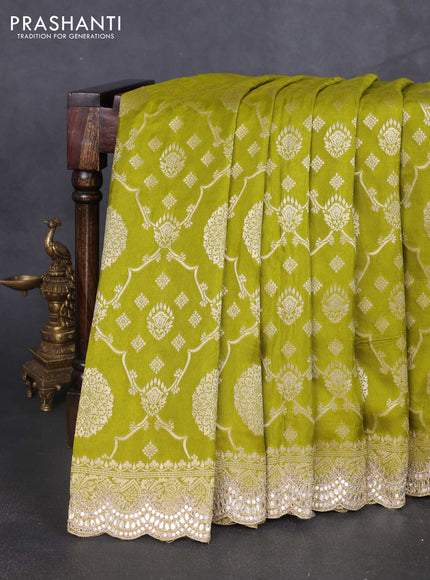 Banarasi silk saree mehendi green with allover zari weaves and mirror gotapatti embroidery border