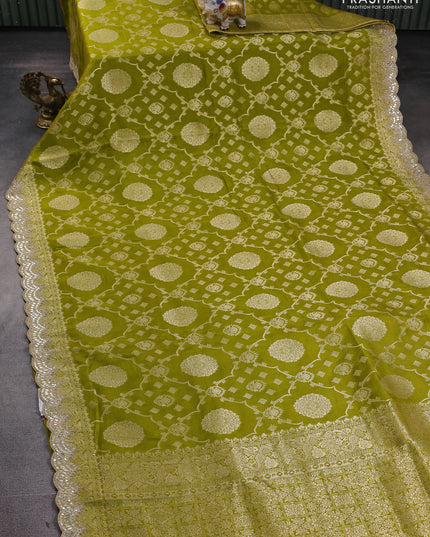 Banarasi silk saree mehendi green with allover zari weaves and mirror gotapatti embroidery border