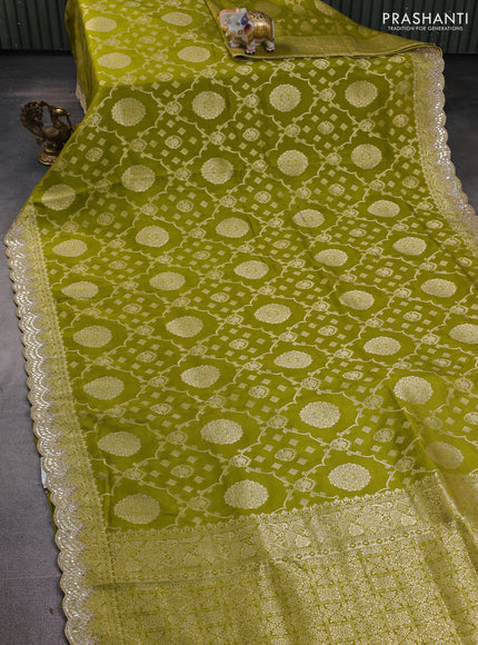 Banarasi silk saree mehendi green with allover zari weaves and mirror gotapatti embroidery border