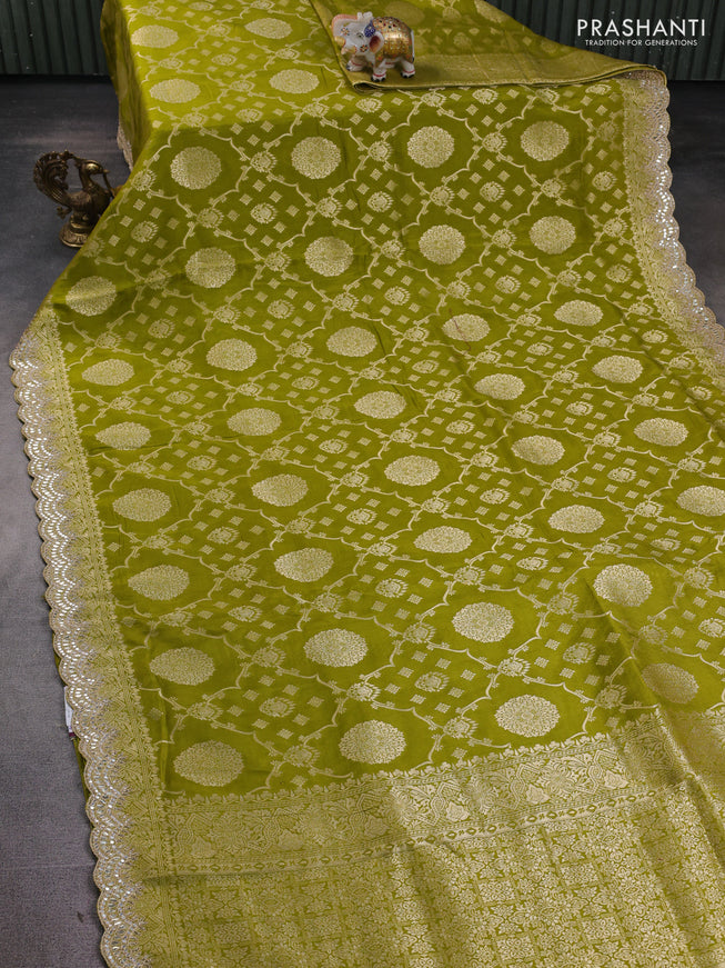 Banarasi silk saree mehendi green with allover zari weaves and mirror gotapatti embroidery border