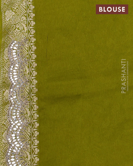 Banarasi silk saree mehendi green with allover zari weaves and mirror gotapatti embroidery border