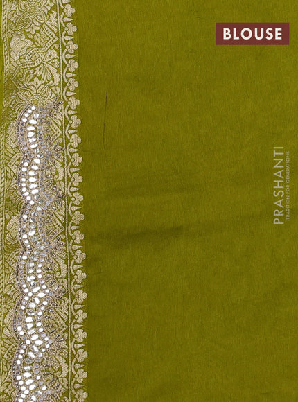 Banarasi silk saree mehendi green with allover zari weaves and mirror gotapatti embroidery border