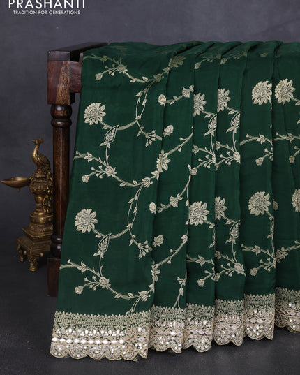 Banarasi silk saree bottle green with allover floral zari weaves and mirror gotapatti embroidery border