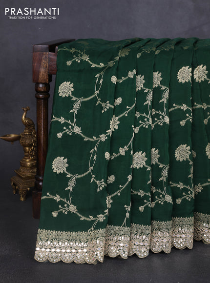 Banarasi silk saree bottle green with allover floral zari weaves and mirror gotapatti embroidery border