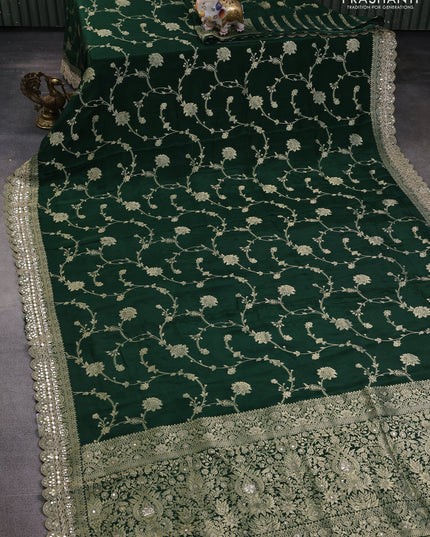 Banarasi silk saree bottle green with allover floral zari weaves and mirror gotapatti embroidery border