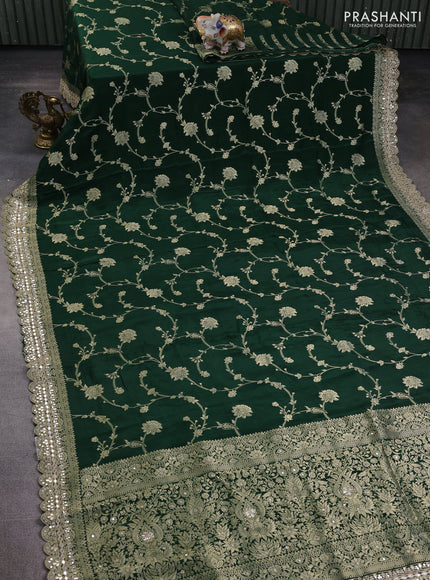 Banarasi silk saree bottle green with allover floral zari weaves and mirror gotapatti embroidery border