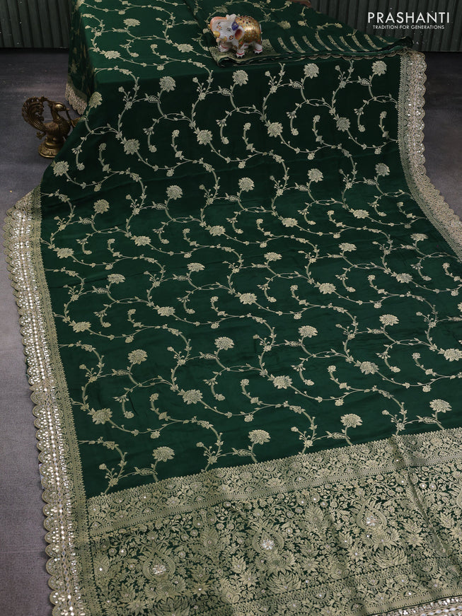 Banarasi silk saree bottle green with allover floral zari weaves and mirror gotapatti embroidery border