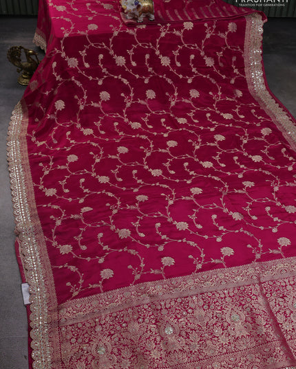 Banarasi silk saree pink with allover floral zari weaves and mirror gotapatti embroidery border