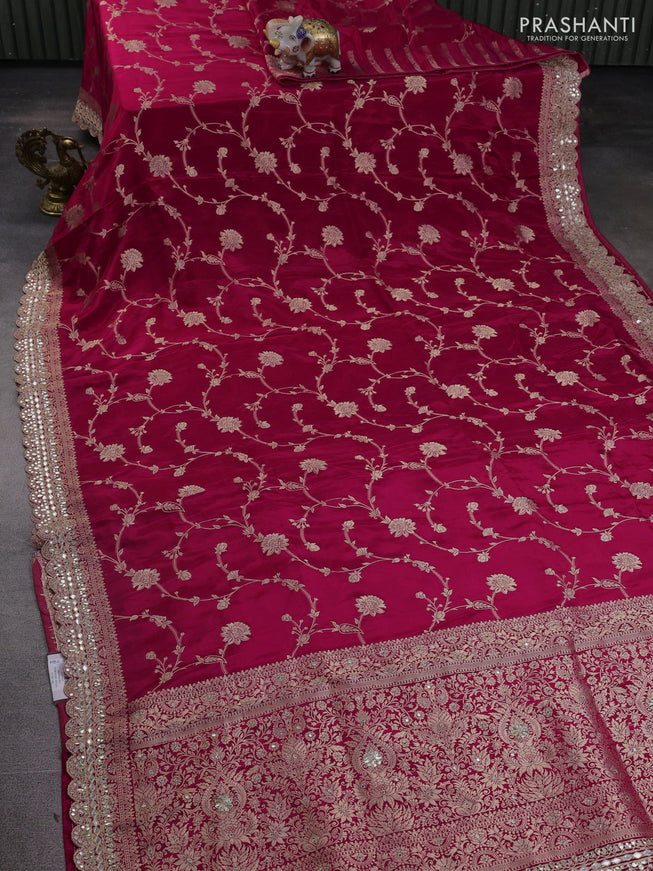 Banarasi silk saree pink with allover floral zari weaves and mirror gotapatti embroidery border