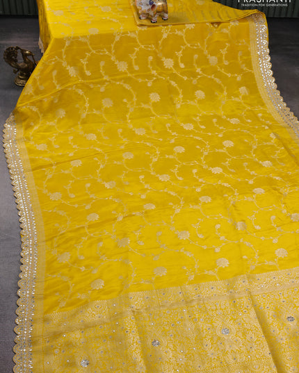 Banarasi silk saree yellow with allover floral zari weaves and mirror gotapatti embroidery border