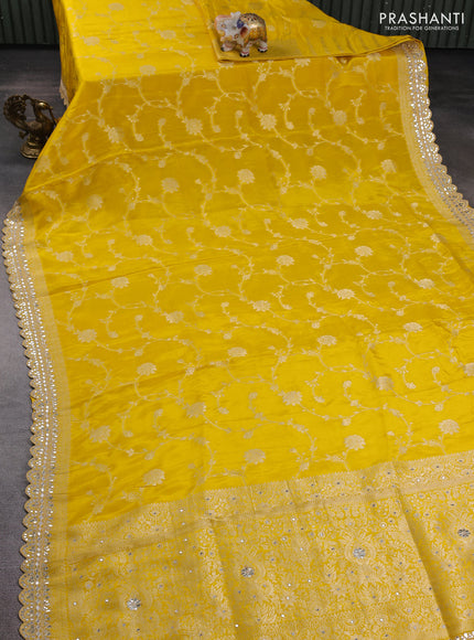 Banarasi silk saree yellow with allover floral zari weaves and mirror gotapatti embroidery border