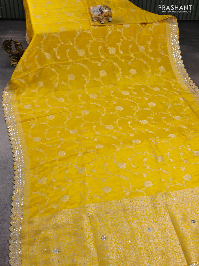 Banarasi silk saree yellow with allover floral zari weaves and mirror gotapatti embroidery border