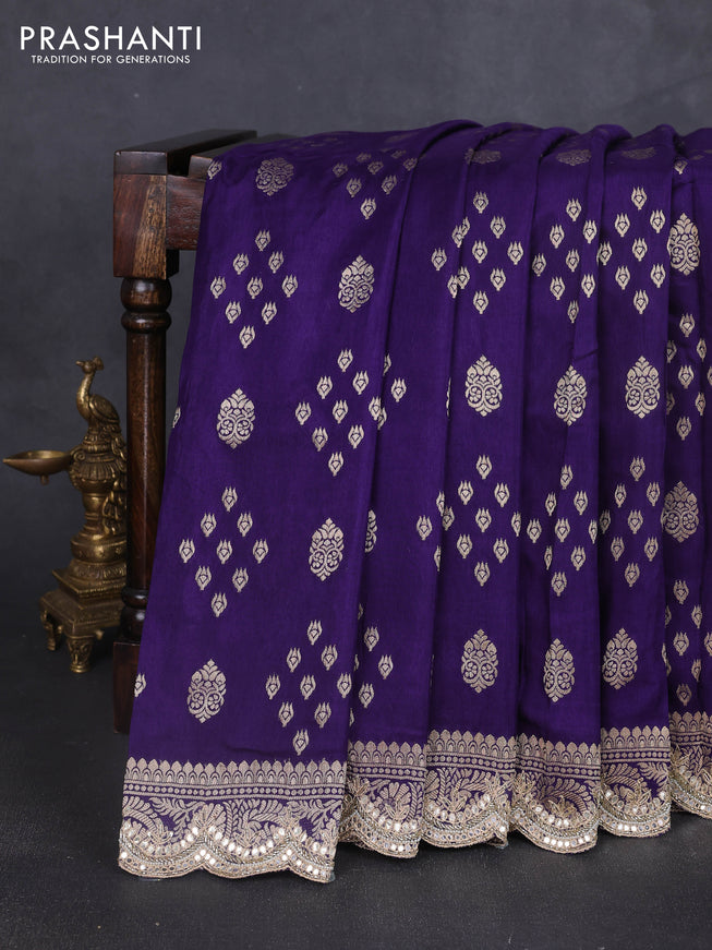 Banarasi silk saree violet with allover zari woven buttas and mirror gotapatti embroidery border