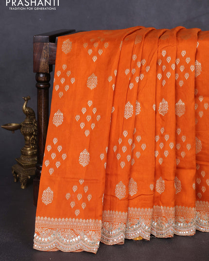 Banarasi silk saree orange with allover zari woven buttas and mirror gotapatti embroidery border