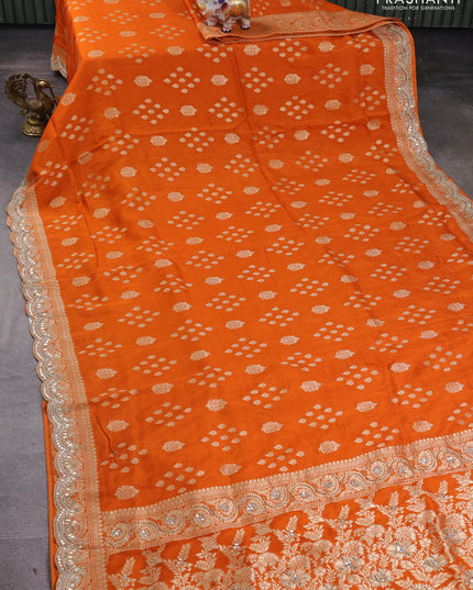 Banarasi silk saree orange with allover zari woven buttas and mirror gotapatti embroidery border