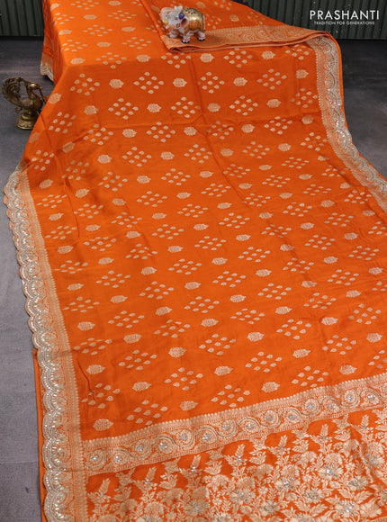 Banarasi silk saree orange with allover zari woven buttas and mirror gotapatti embroidery border