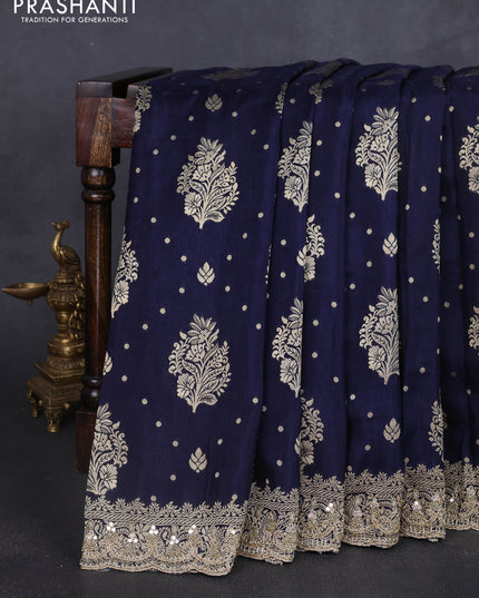 Banarasi silk saree navy blue with allover woven buttas and mirror & beaded work embroidery border