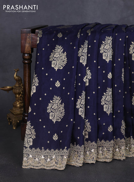Banarasi silk saree navy blue with allover woven buttas and mirror & beaded work embroidery border
