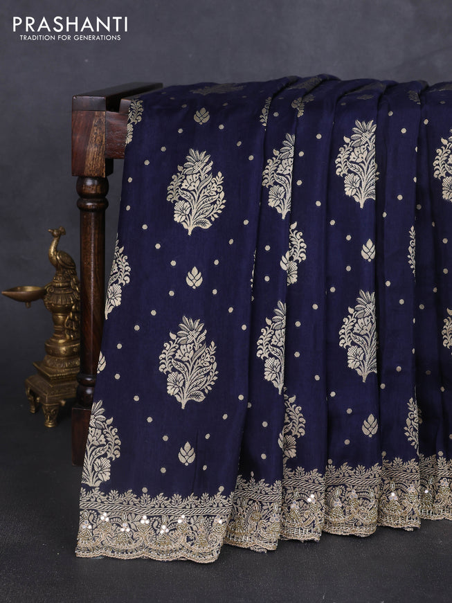 Banarasi silk saree navy blue with allover woven buttas and mirror & beaded work embroidery border