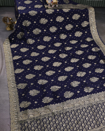 Banarasi silk saree navy blue with allover woven buttas and mirror & beaded work embroidery border